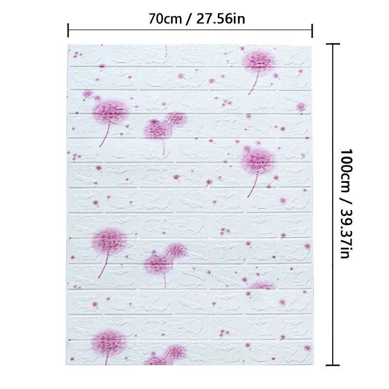 3D brick pattern wall panel wallpaper in white with pink dandelion prints, waterproof, 70cm x 100cm