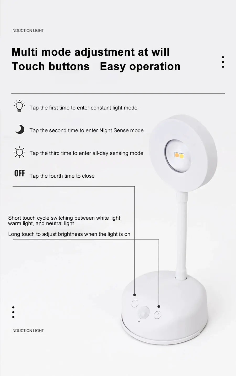 Simples Market white USB LED night light with motion sensor on a stand, indoor wall lamp with touch controls
