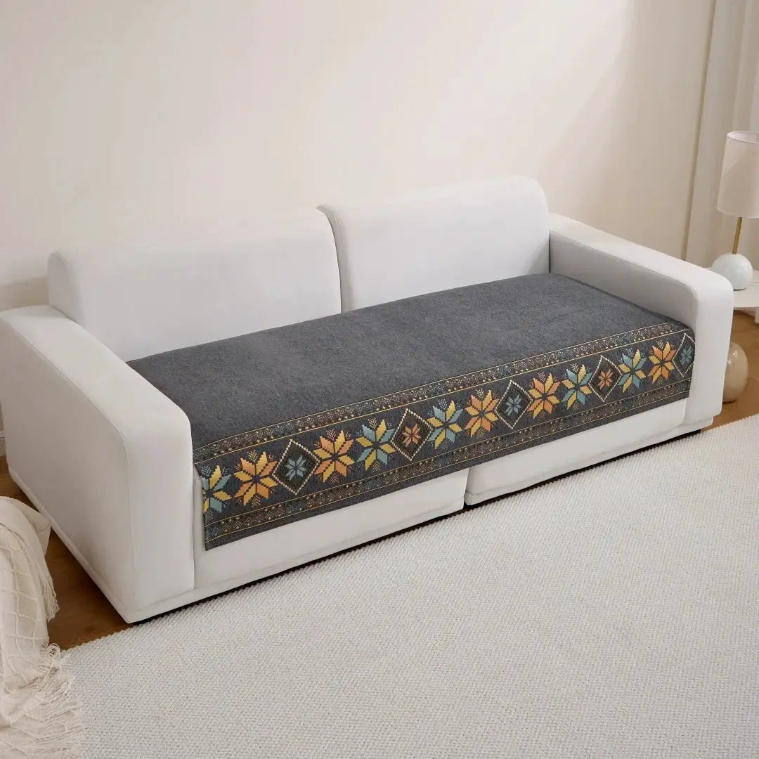 Sofa cover: Bohemian jacquard chenille towel with blue-gray body and decorative multicolor border