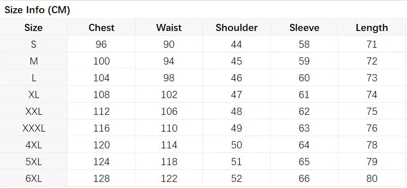 Simples Market Classic Winged Collar Dress Shirt size chart with chest, waist, shoulder, sleeve and length for sizes S–6XL.