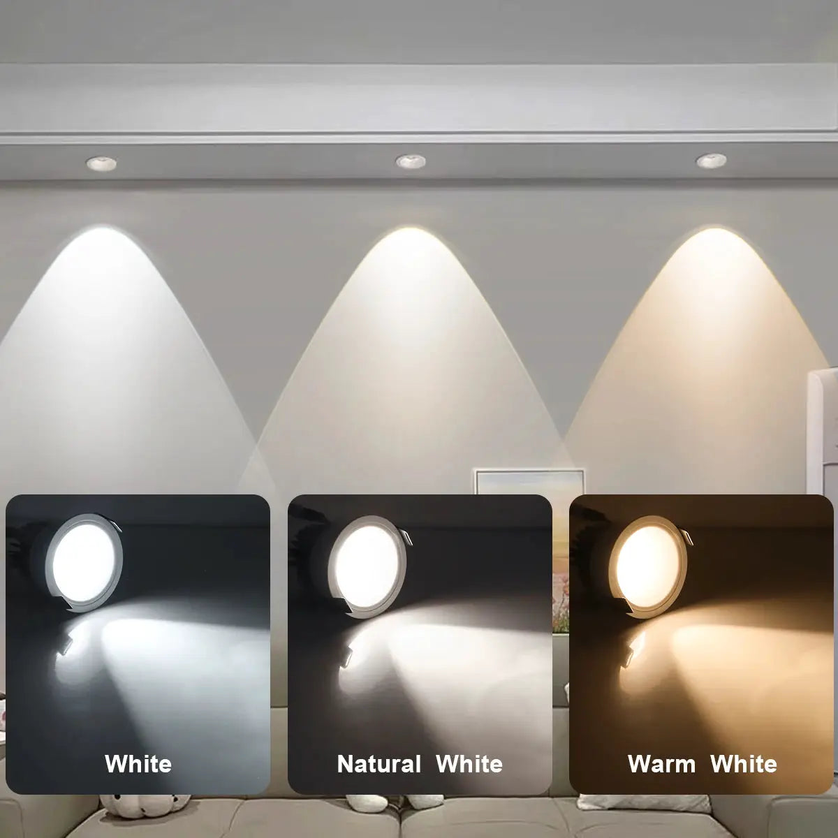 Aluminum LED spot light recessed downlight; three ceiling-mounted lamps with white, natural white and warm white tones