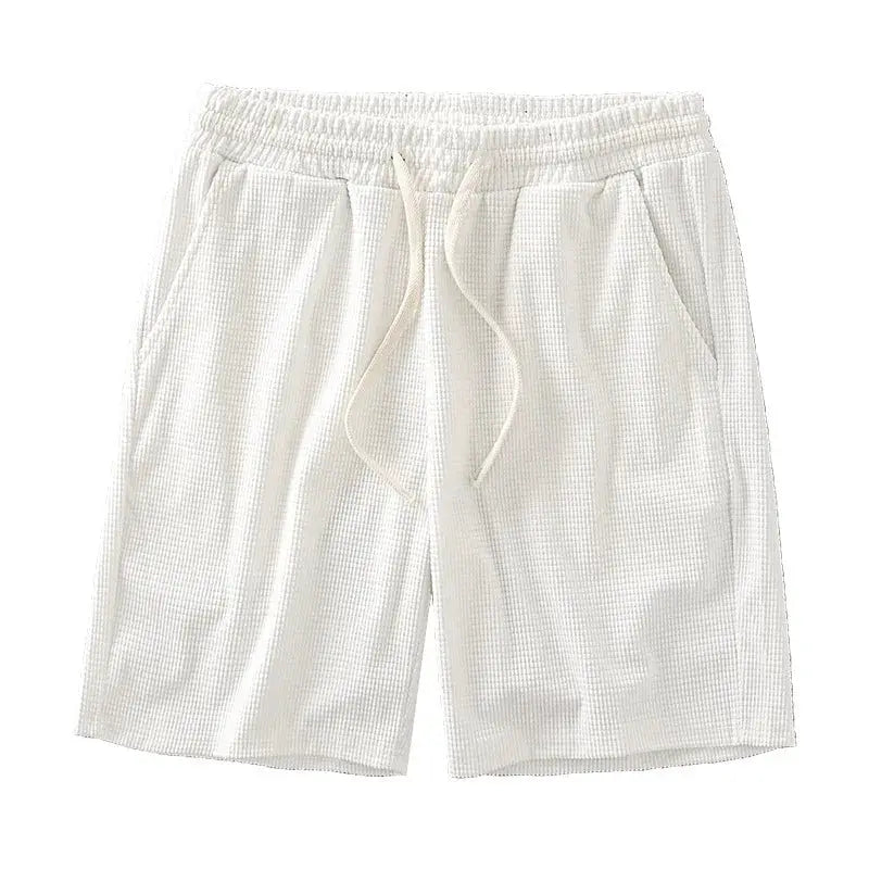 Men's white waffle-texture shorts with drawstring, mid waist, knee-length, casual Simples Market
