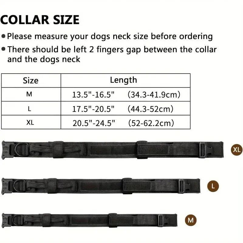 Tactical nylon dog collar by Simples Market with control handle and heavy metal buckle, sizes M-L-XL