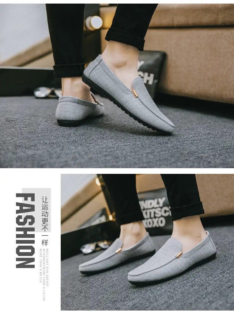 Simples Market men's gray canvas slip-on loafers with black sole, shown in two views