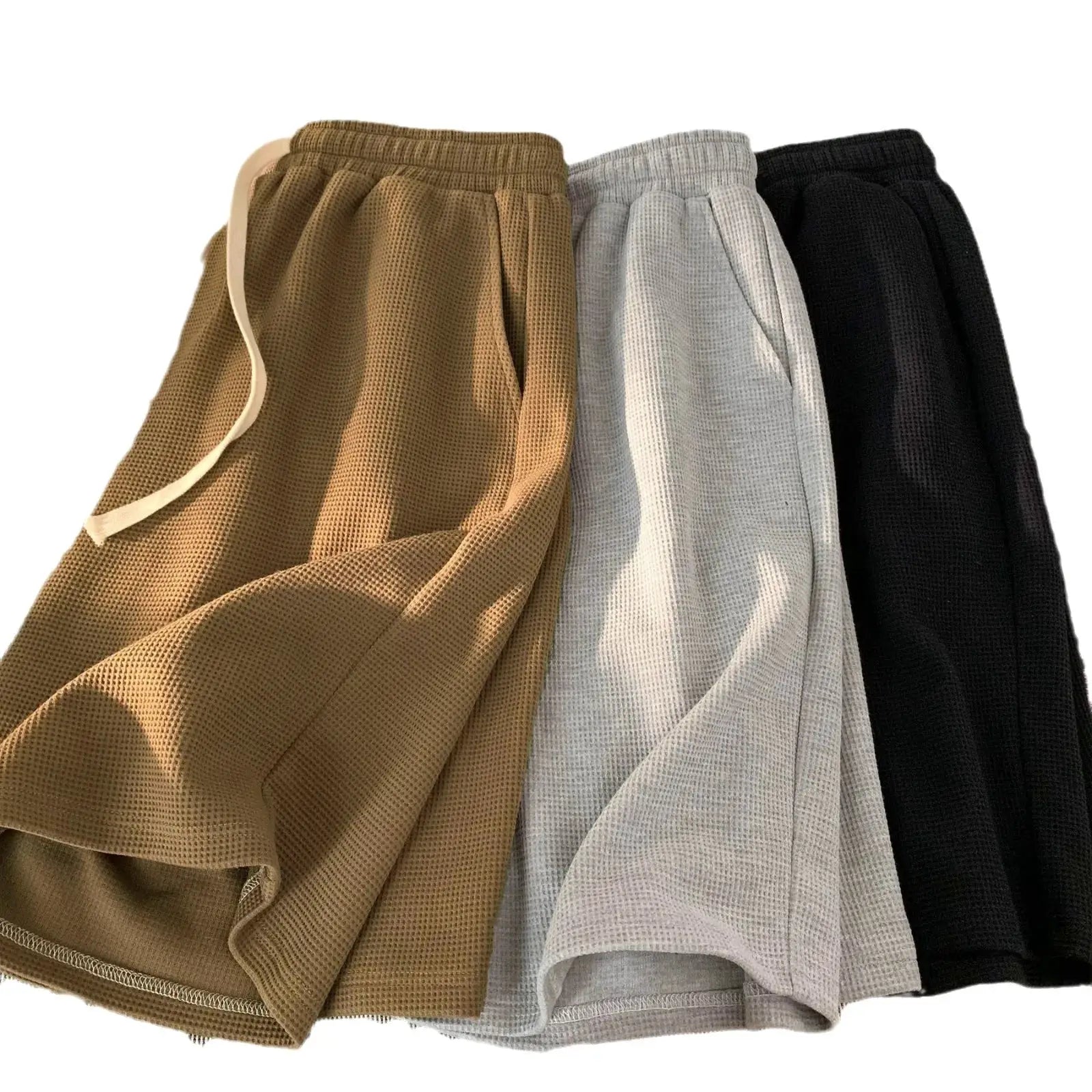 Waffle shorts for men in tan, gray, and black; lightweight, loose-fit waffle-knit fabric, casual sportswear, 3-pack