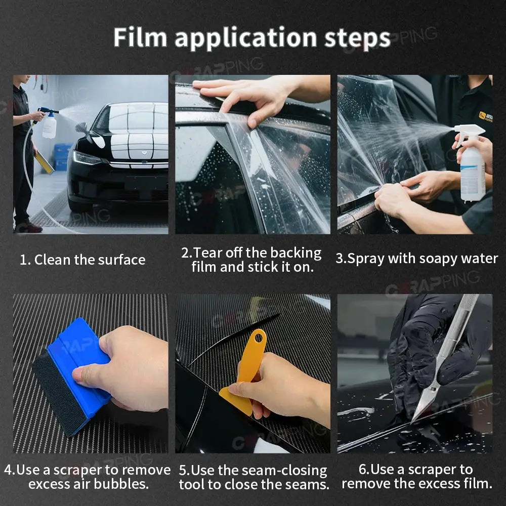 Car wrap film by Simples Market; glossy yellow waterproof vinyl with six-step installation guide.