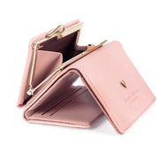 Pink mini wallet purse with metal frame clasp, folding design and card slots; Simples Market