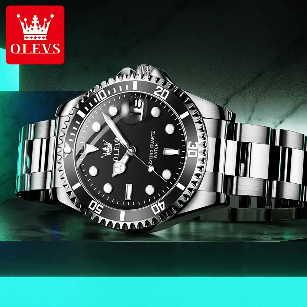 OLEVS men's stainless steel waterproof quartz diving watch with black dial and rotating bezel.