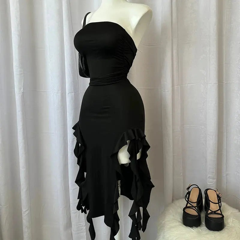 Women's Strapless Floral Mini Dress High Slit Folded Hem Backless