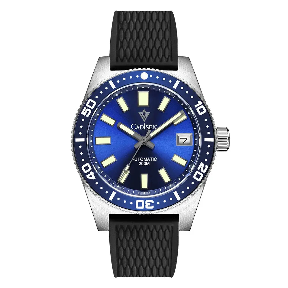 Cadisen diver watch, 38mm blue dial, automatic movement, stainless steel case, blue bezel, black rubber strap