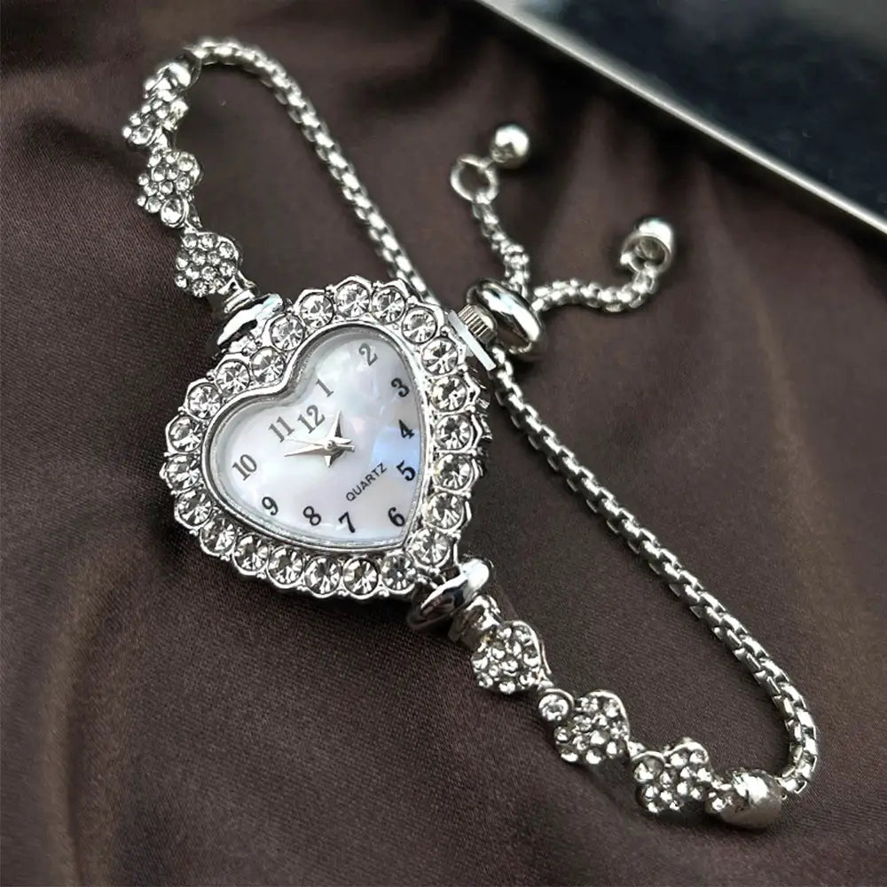LuxeTime Heart Shaped Diamond Studded Flower Watch With Ribbon Strap Adjustable Bracelet For Women