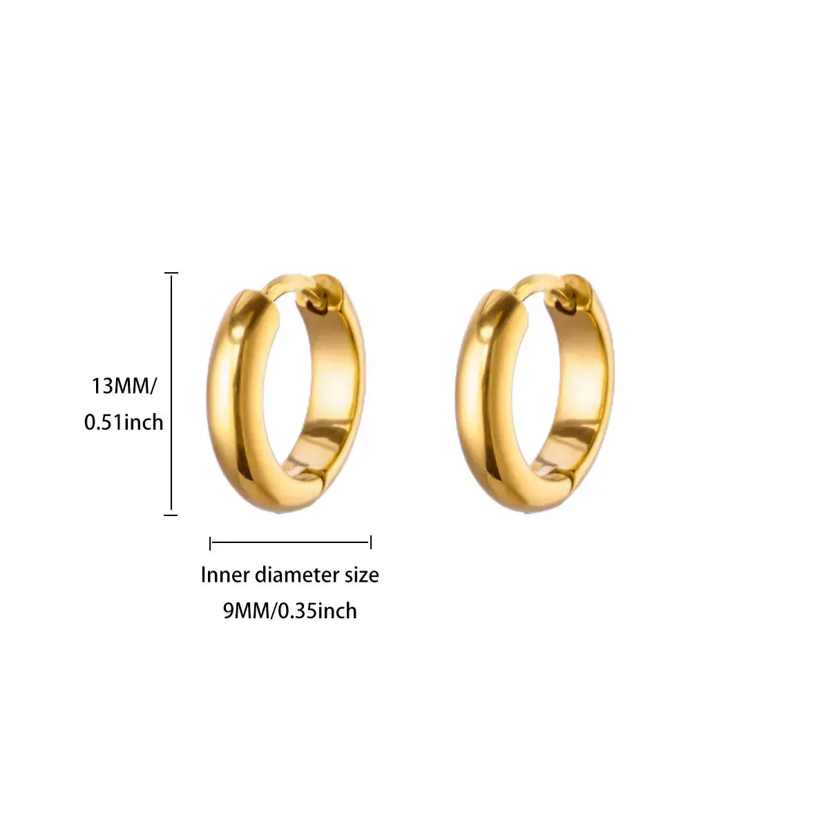 Classic hoop earrings, gold-tone stainless steel for women, 13mm outer diameter, 9mm inner, pair