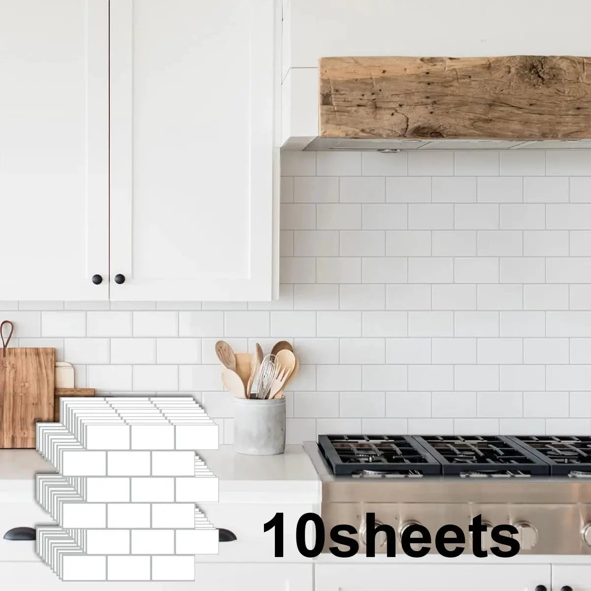 Simples Market peel-and-stick backsplash tiles, 5/10 sheets, waterproof, white subway style for kitchen or bathroom.