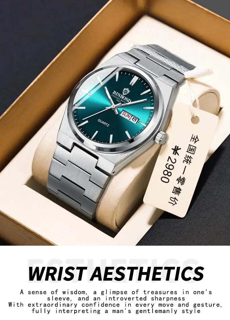 BINBOND men's stainless steel quartz watch with teal dial, day-date display, waterproof