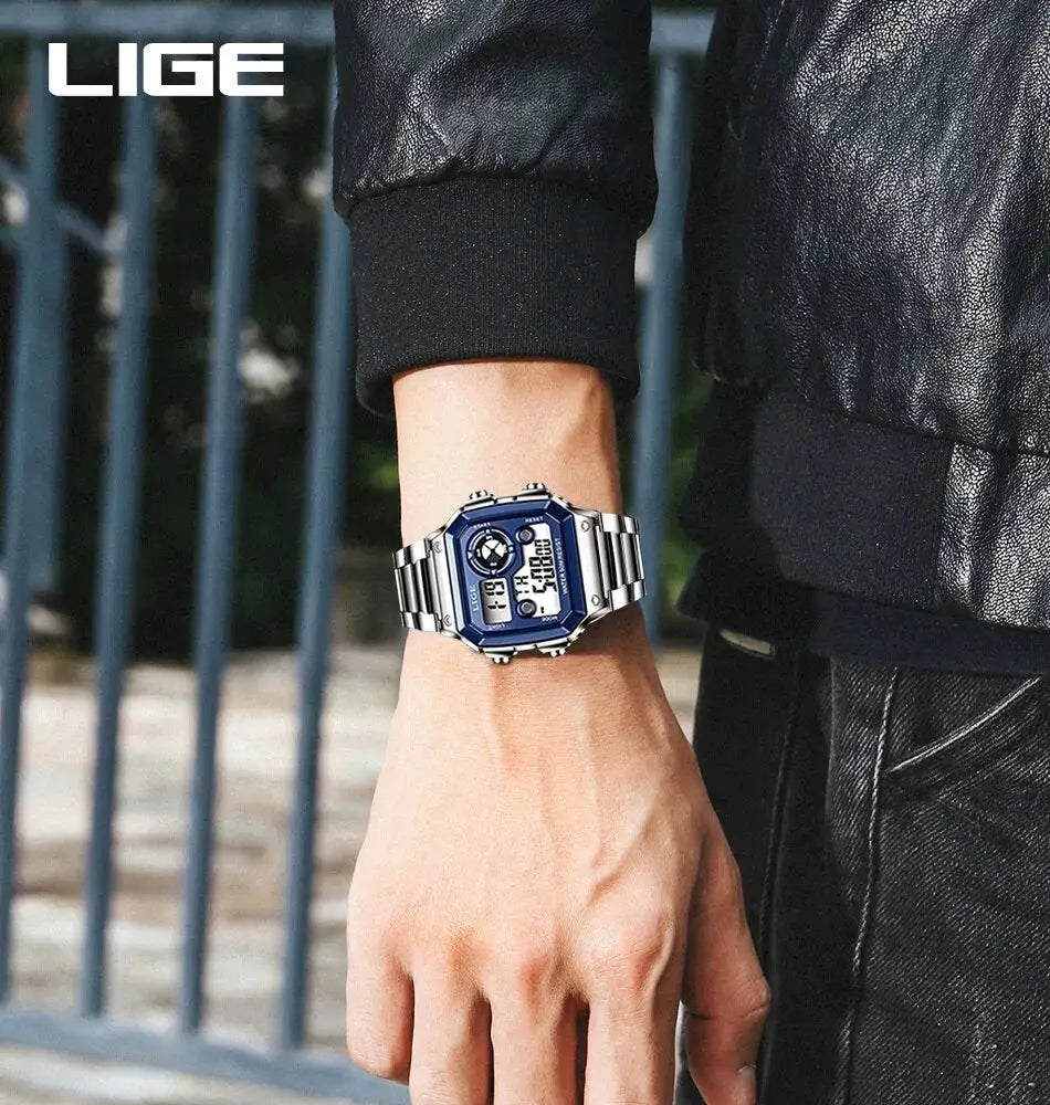 LIGE men's digital wristwatch with blue bezel and silver stainless steel band.