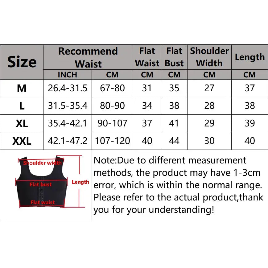 Men's gynecomastia shaper vest in black by Simples Market; chest-control compression undershirt with size chart (M–XXL)