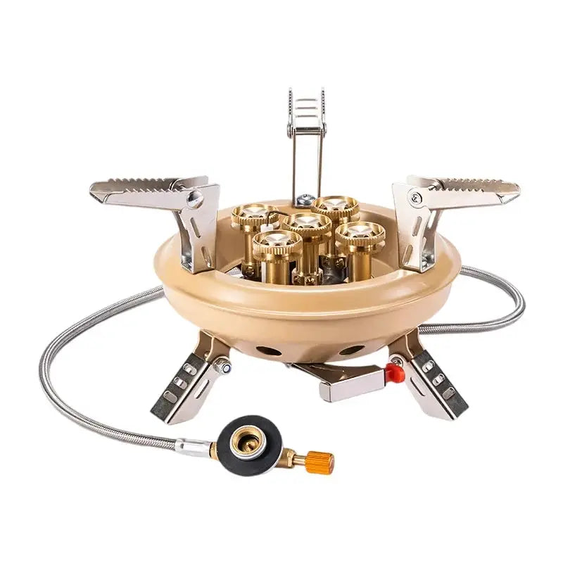 BRS201A camping gas stove by Simples Market with piezo ignition, beige circular burner base and metal clamps