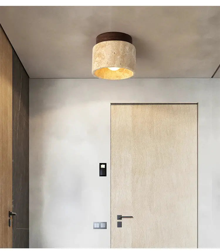 Led ceiling lamp with round beige stone shade and dark wood base, surface-mounted LED downlight.