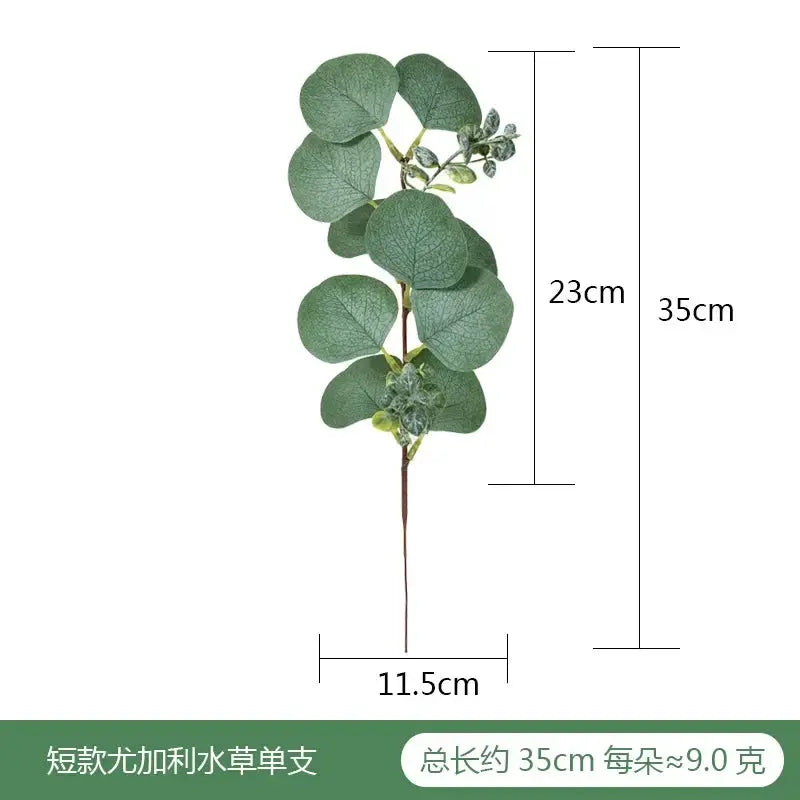 Artificial eucalyptus stem with round green leaves for wedding and home decor, 35 cm tall.