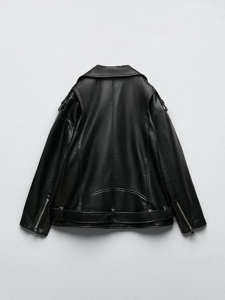 Ailegogo Women Loose Motorcycle Biker PU Faux Leather Jacket With Detachable Belt For Adjustable Fit