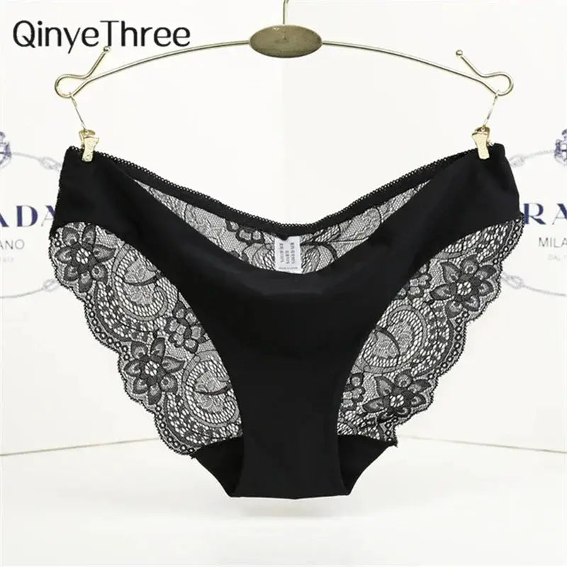 Panties: black lace low-rise on hanger, QinyeThree brand.