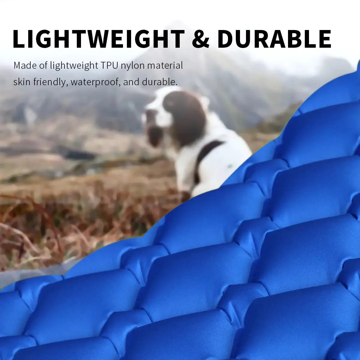 Simples Market blue inflatable sleeping pad; ultralight TPU nylon camping mat with tufted surface.