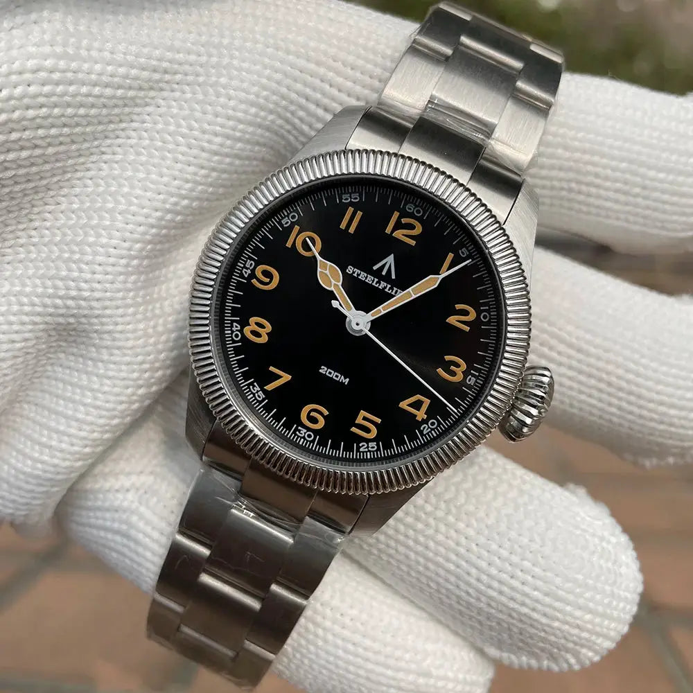 Steelflier SF741 quartz wristwatch, black dial with beige numerals, stainless steel band, 200m water resistant