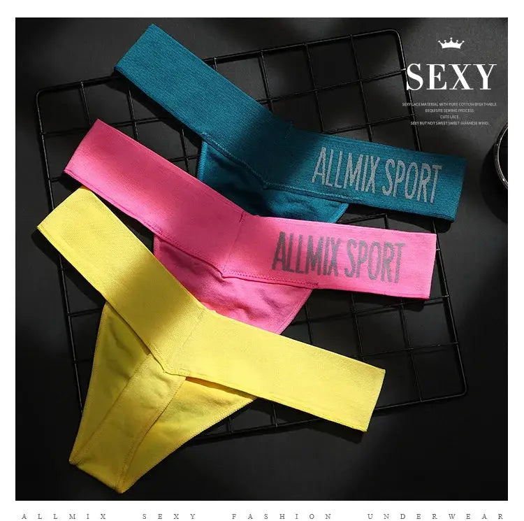 Three-color women's thong underwear set with elastic wide waistband Allmix Sport branding in teal, pink, and yellow