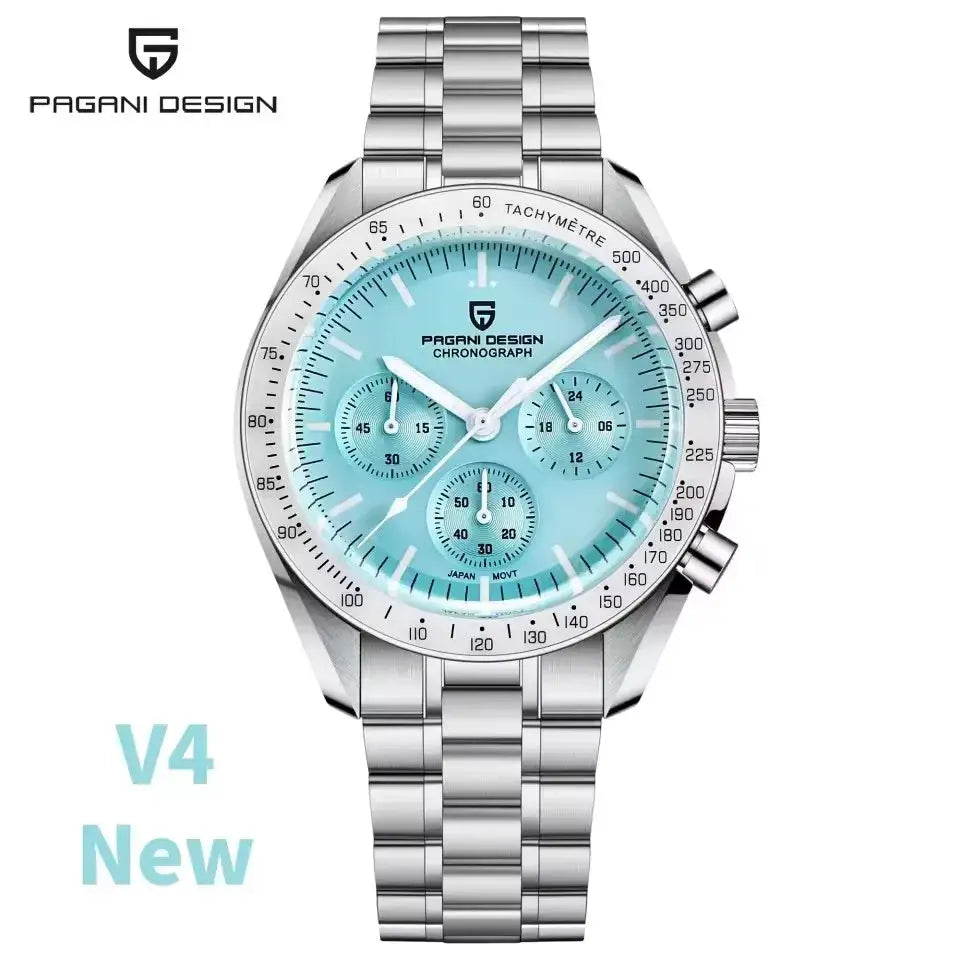 Pagani Design stainless steel chronograph watch with turquoise dial and tachymeter bezel