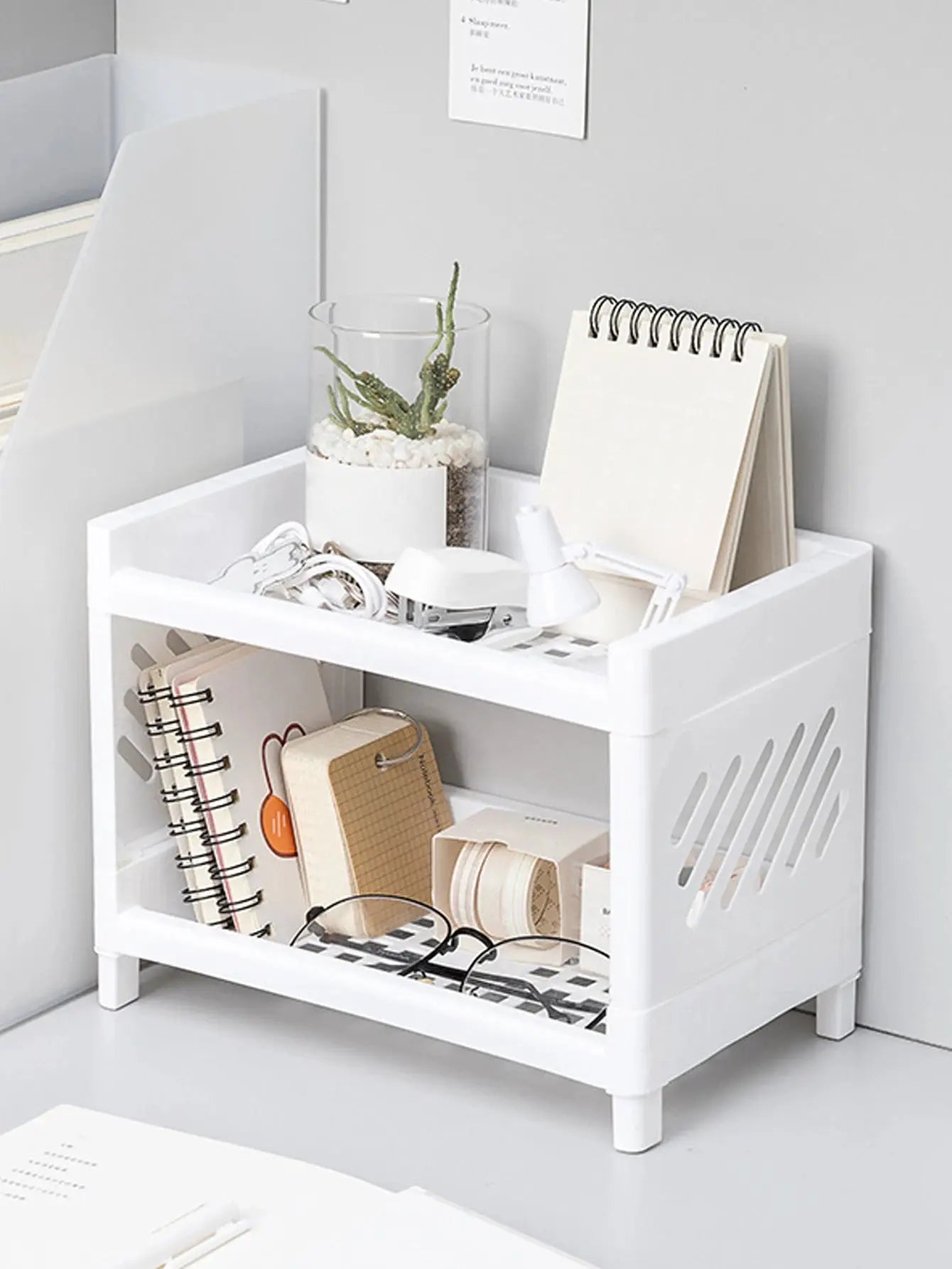 PP Desktop Double Layer Storage Rack Rectangular White For Desk Office Cosmetics Stationery Organization