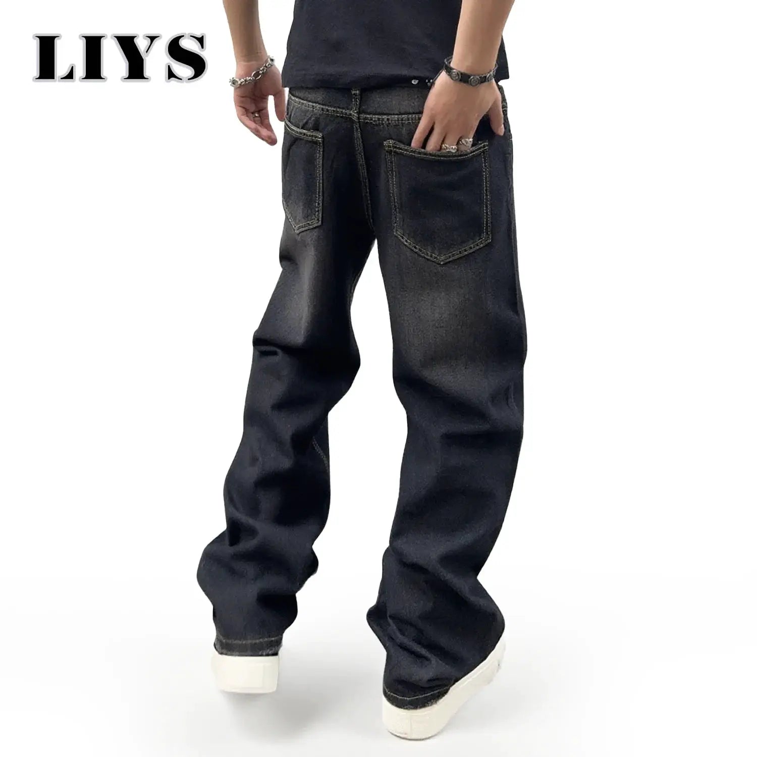 LIYS men's black classic baggy straight jeans by Simples Market, dark denim with contrast stitching and back pockets