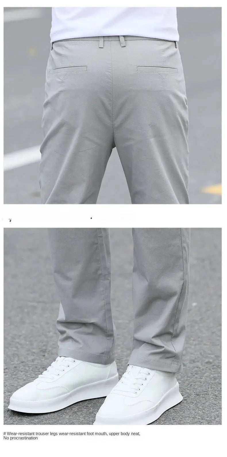 Men's gray cotton chinos with belt loops and back welt pockets; breathable straight-fit pants, sizes W28-W40.