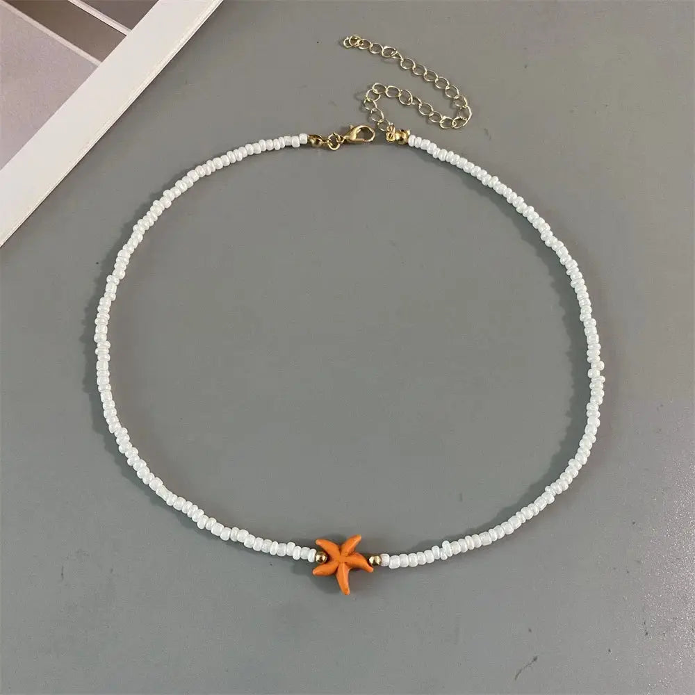 Shell Starfish Seed Beads Choker Necklace For Women Handmade Summer Vacation Gift White Jewelry