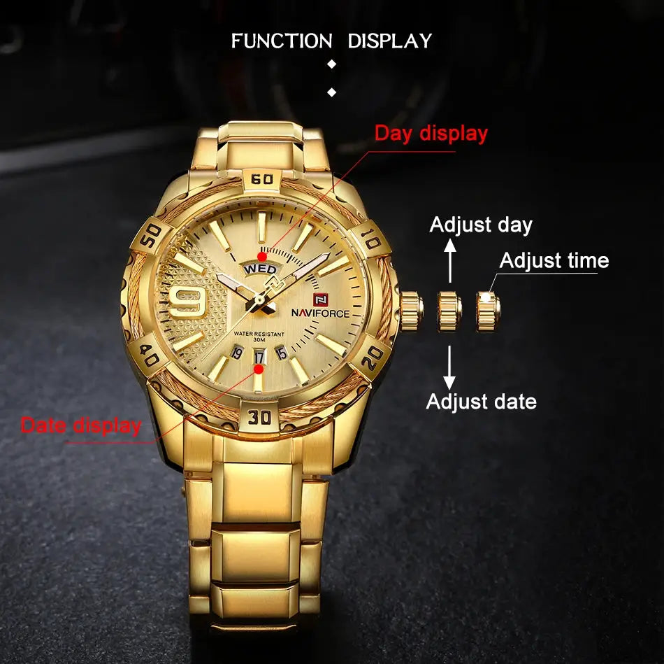 NAVIFORCE men's gold-tone stainless steel wristwatch with day and date display
