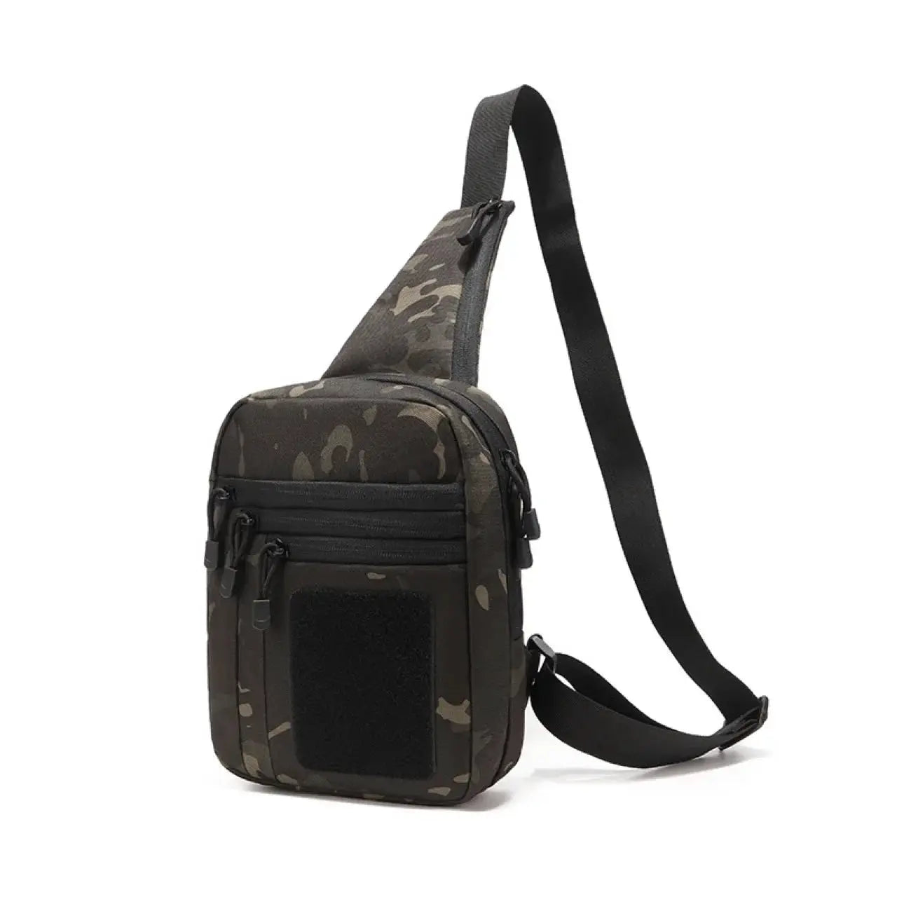 Tactical camouflage shoulder bag from Simples Market with crossbody strap and multiple zip pockets