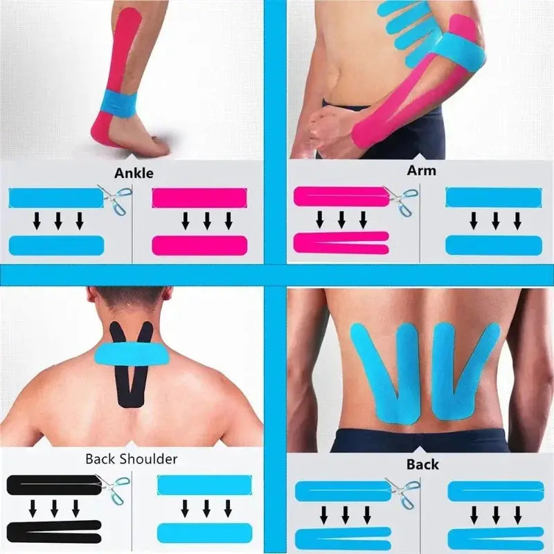 Kinesiology Tape Pro Athletic Sports Simples Market; 20 precut waterproof elastic blue/pink strips for muscle support.