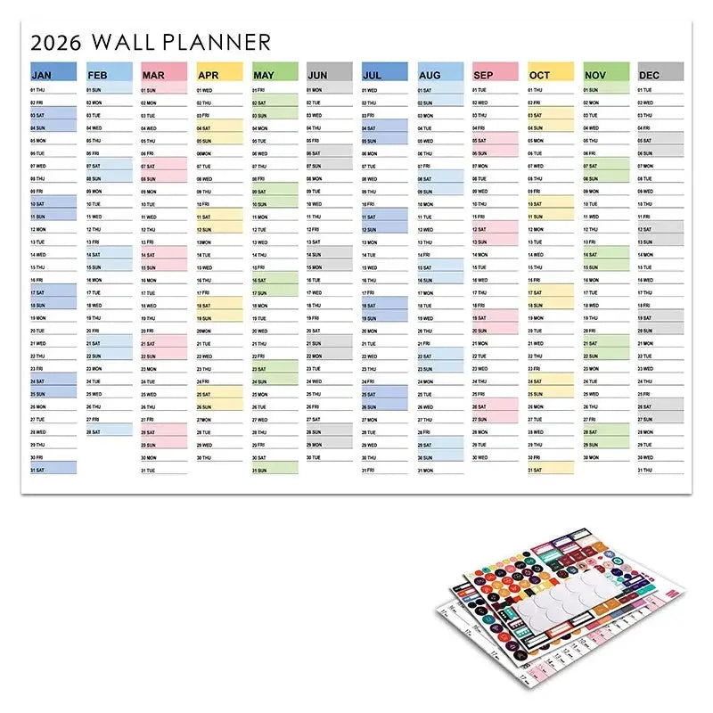 Simples Market 2026 yearly wall planner calendar sheet with color-coded months and sticker sheets
