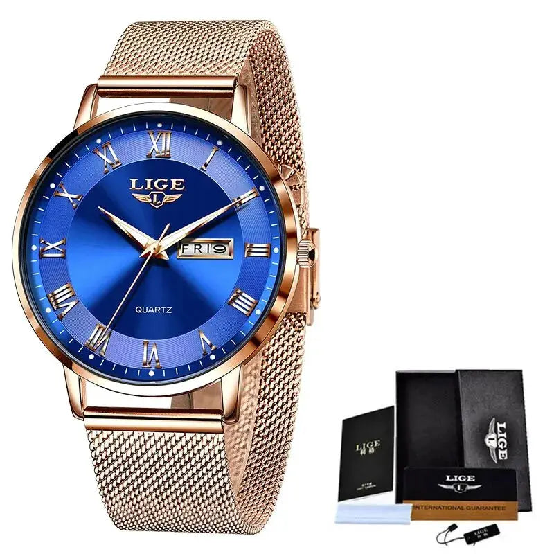 LIGE women's luxury quartz watch with blue dial and rose-gold mesh steel band, boxed with manuals