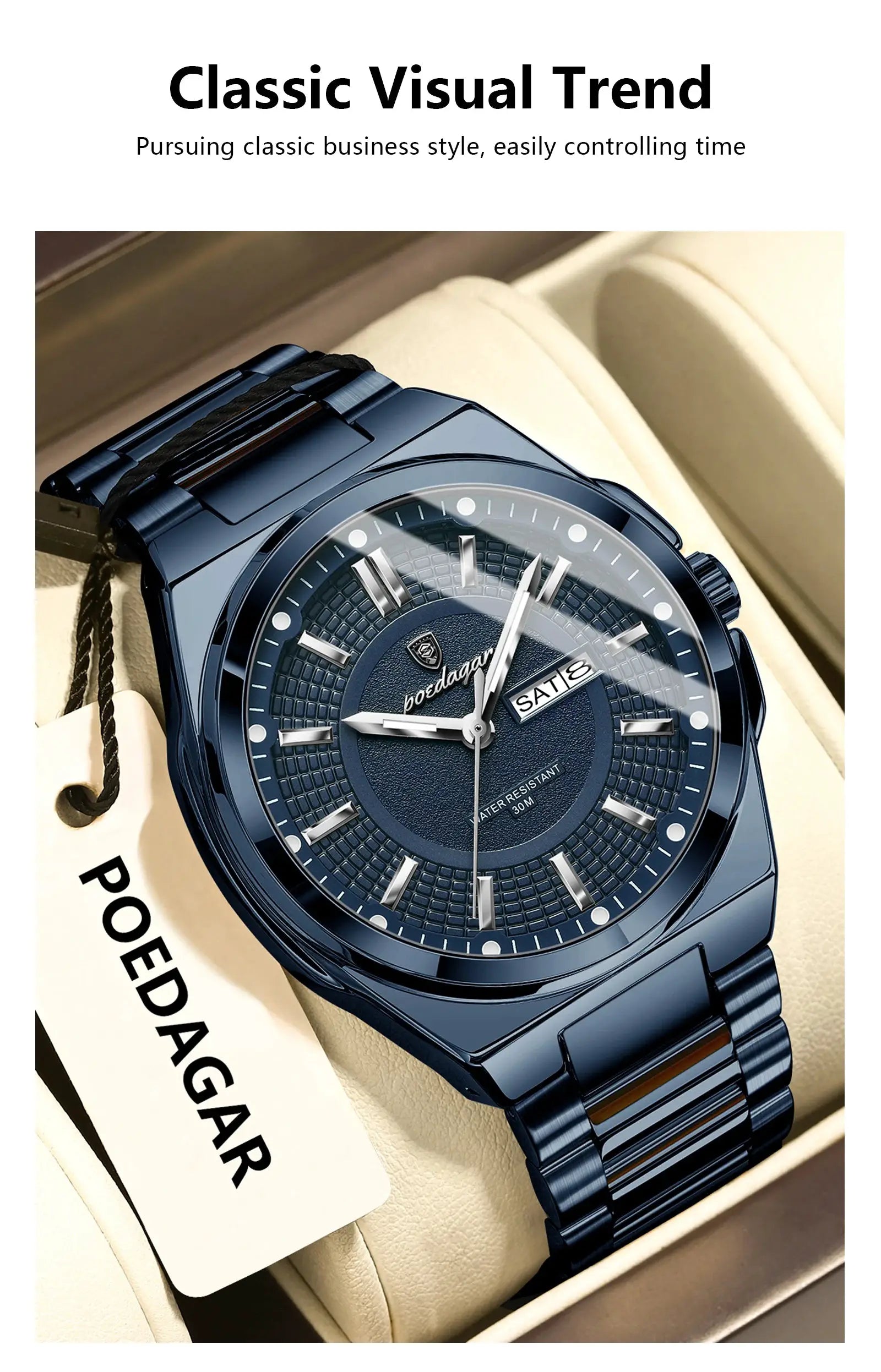 POEDAGAR men's blue stainless steel wristwatch with date window, water resistant 30m