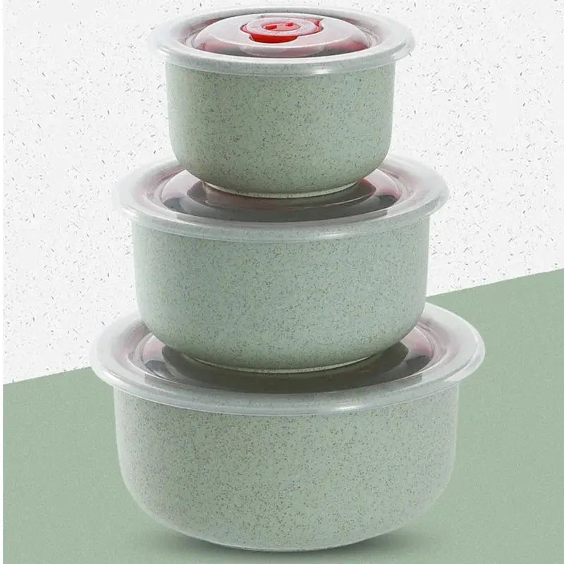 Three Piece Wheat Straw Fresh Keeping Bowls Set With Lids Microwave Safe Round Lunch Boxes For Home Use