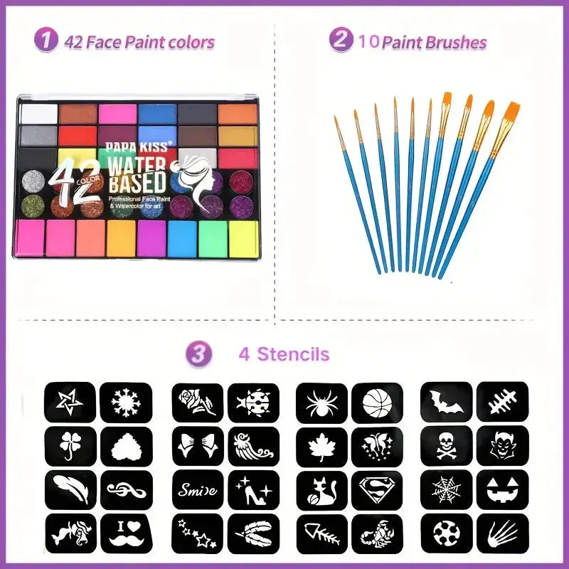 42 Color Water Soluble Face and Body Paint Set Neon Glitter Glow