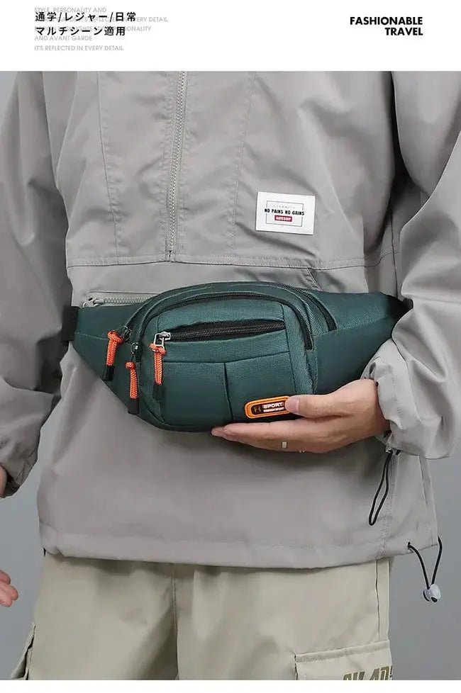 Oxford Waterproof Mobile Waist Bag in green with orange zipper pulls and multiple pockets