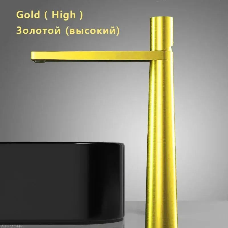 Simples Market modern brushed-gold basin faucet with tall brass body and single-handle spout for grey washbasin.
