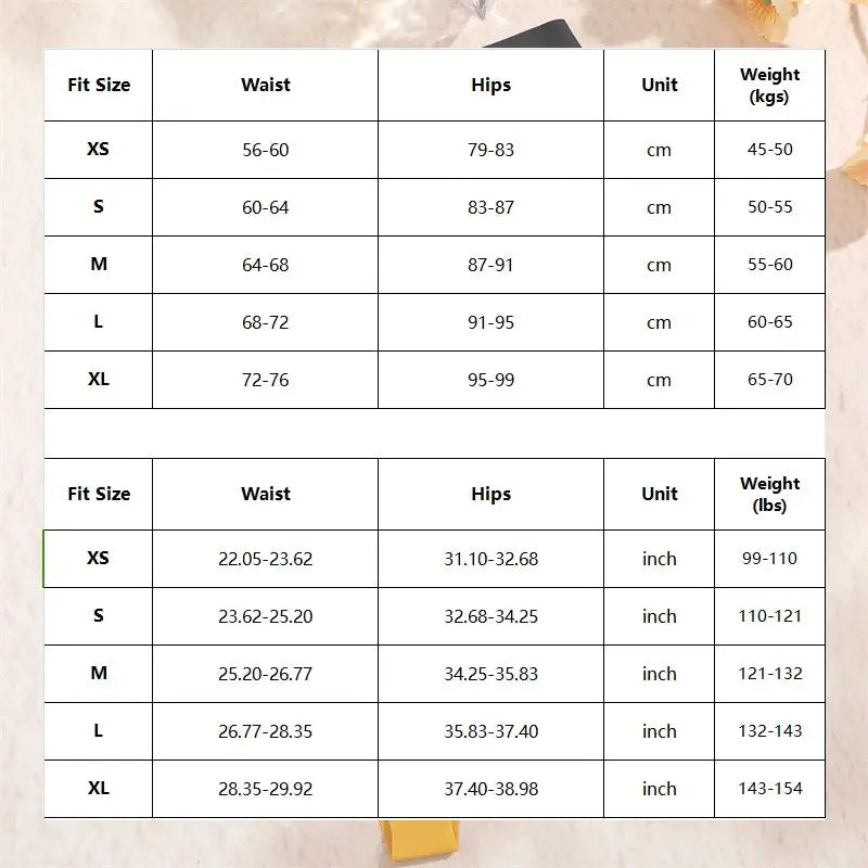 FINETOO women's underwear size chart with waist and hip measurements in cm and inches