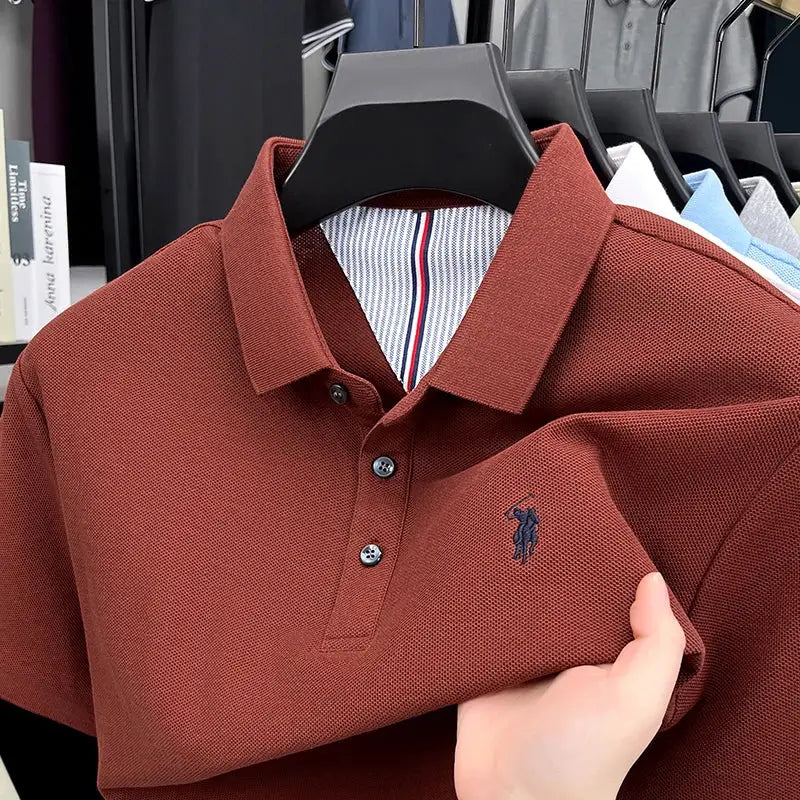 Rust brown 100% cotton men's short-sleeve polo shirt with pony embroidery and striped inner collar