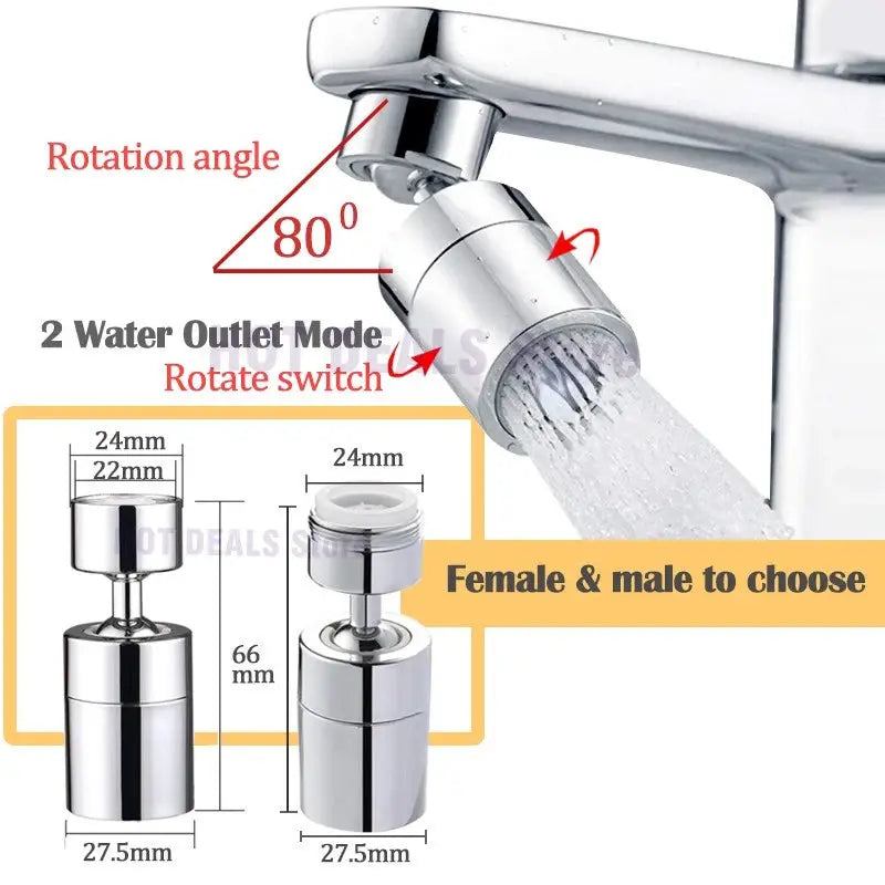 Dual function anti-splash bubbler faucet aerator with 360° swivel, chrome finish, 2 water outlet modes, includes adapters.