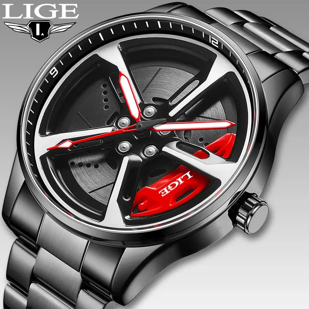 LIGE sport watch with car-wheel rim dial, stainless steel strap, red accents, waterproof quartz.