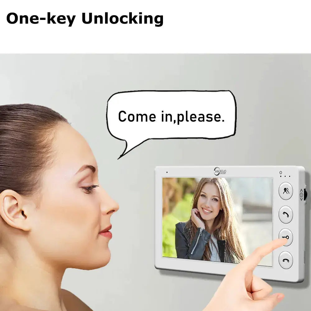 ANJIELO 3-Unit home video intercom system with RFID unlock; white wall-mounted video door phone.