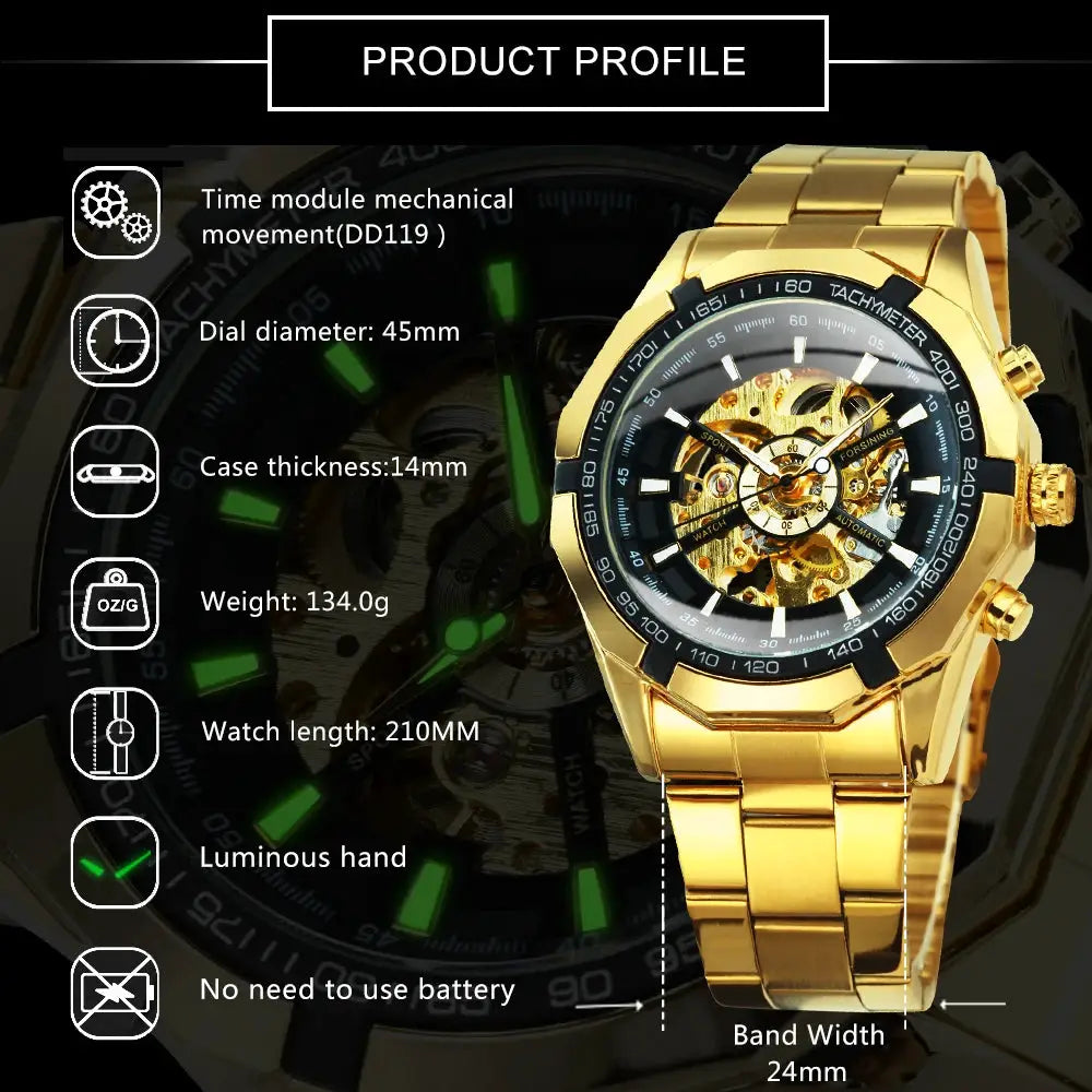 Forsining skeleton men's watch with gold-tone stainless steel band, luminous hands, 45mm dial