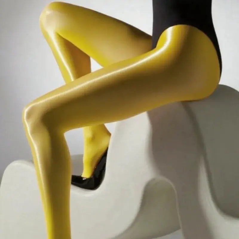 LuxePlus Plus Size Yellow Oil Slick Tights High Waisted Glossy Finish Pantyhose Comfort Fit